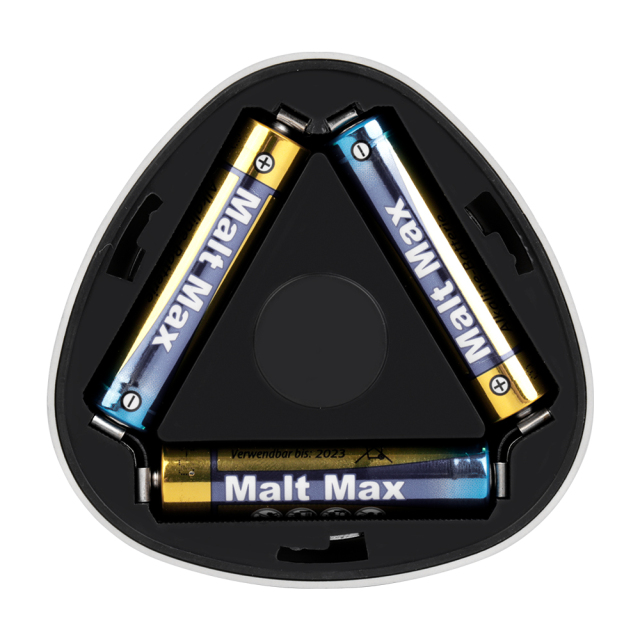 Studio view of the open internal battery compartment inside the back of the closet light, showing three AAA batteries installed in a triangular configuration.