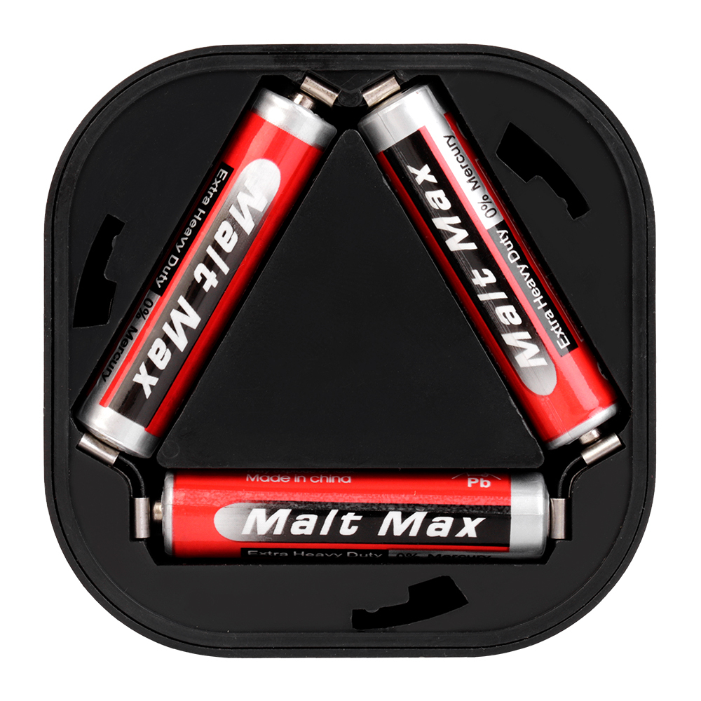 Studio view of the open battery compartment inside the back of the closet light, showing three AAA batteries installed in a triangular layout.
