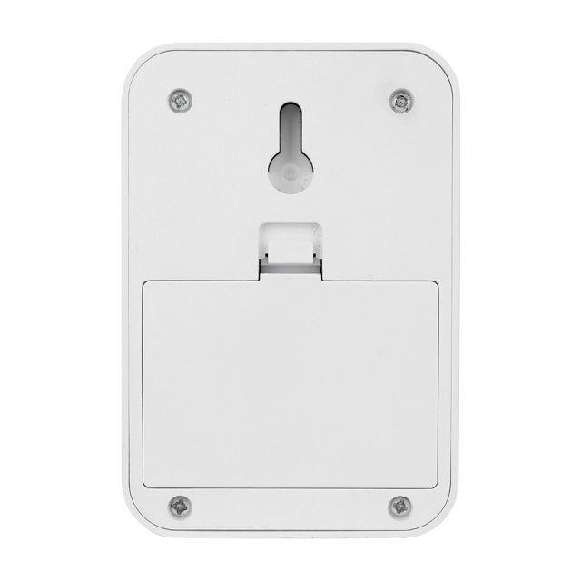 Studio back view of the white switch light housing, displaying the integrated keyhole slot for wall mounting and the closed rectangular battery compartment door.
