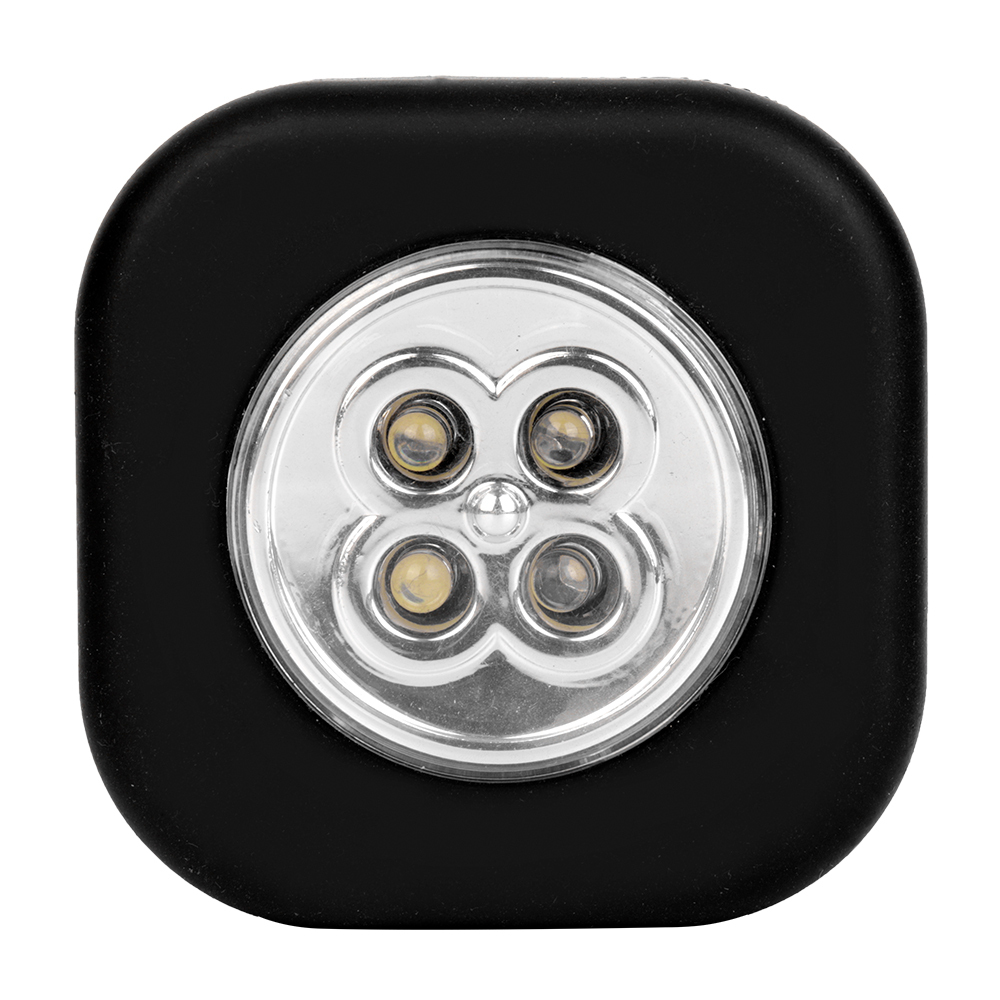 Studio front view of a black rounded-square wireless closet light featuring four integrated LEDs arranged inside a circular lens.