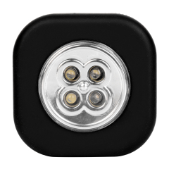 Studio front view of a black rounded-square wireless closet light featuring four integrated LEDs arranged inside a circular lens.