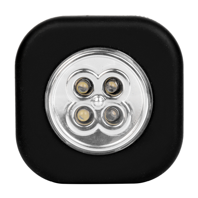 Studio front view of a black rounded-square wireless closet light featuring four integrated LEDs arranged inside a circular lens.