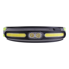 Studio front view of the curved black multi-light headlamp on a white background, highlighting the two central round LED spotlights flanked by two horizontal yellow COB light bands.