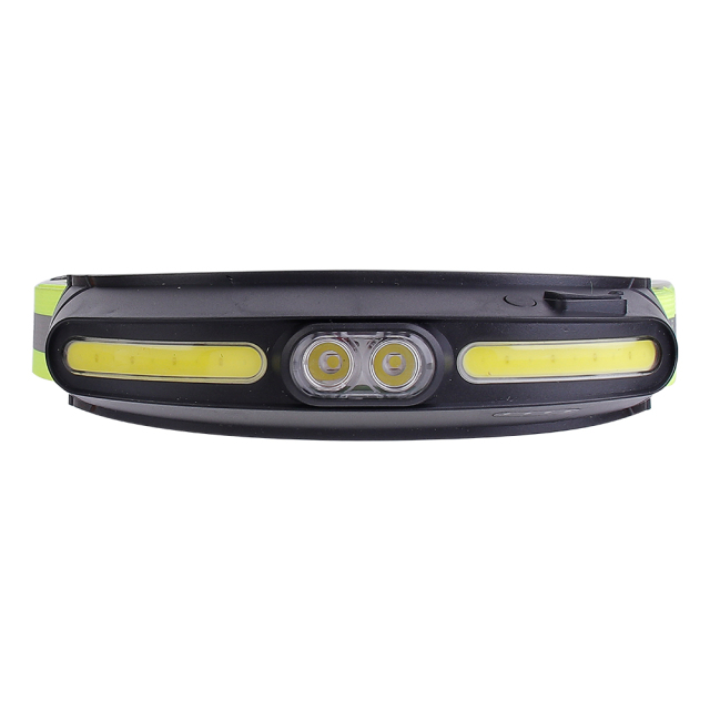 Studio front view of the curved black multi-light headlamp on a white background, highlighting the two central round LED spotlights flanked by two horizontal yellow COB light bands.