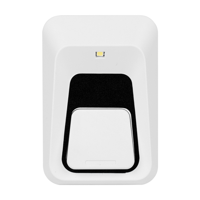 Studio front view of the rectangular white LED toggle switch night light on a white background, highlighting the small top LED bead, black accent framing, and large center rocker switch.