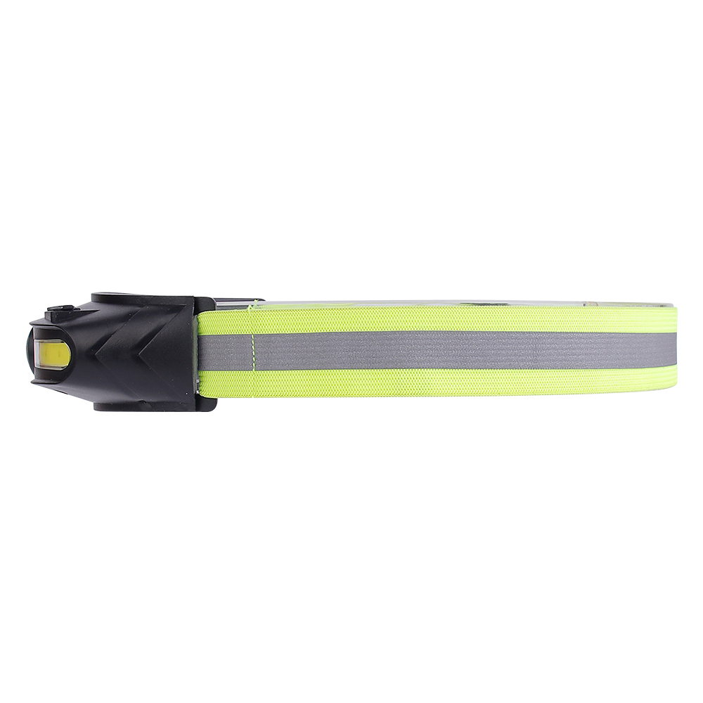 Studio side profile view of the headlamp on a white background, demonstrating the slim thickness of the front light housing and the continuous gray reflective line on the lime green band.