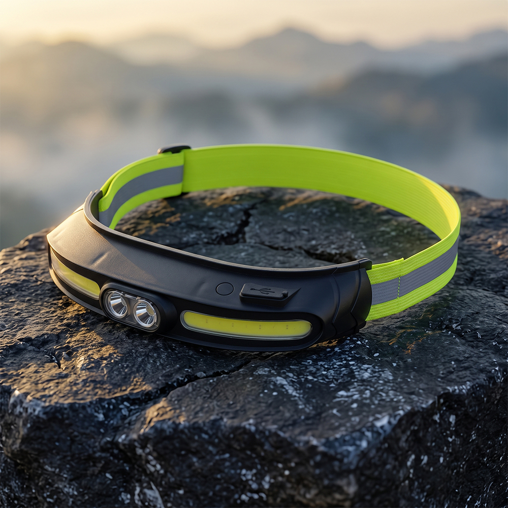 A real-world outdoor lifestyle photo of a black dual-LED and COB strip headlamp with a lime green high-visibility band, placed on a dark textured rock with sunset mountain peak views in the background.