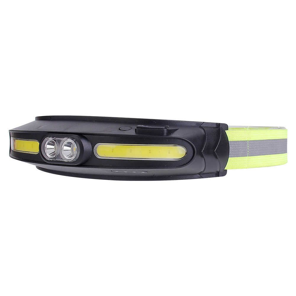 Studio three-quarter perspective view of the dual-LED and COB strip headlamp, showing the integrated structure of the black plastic housing and the flexible high-visibility headband.