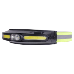 Studio three-quarter perspective view of the dual-LED and COB strip headlamp, showing the integrated structure of the black plastic housing and the flexible high-visibility headband.