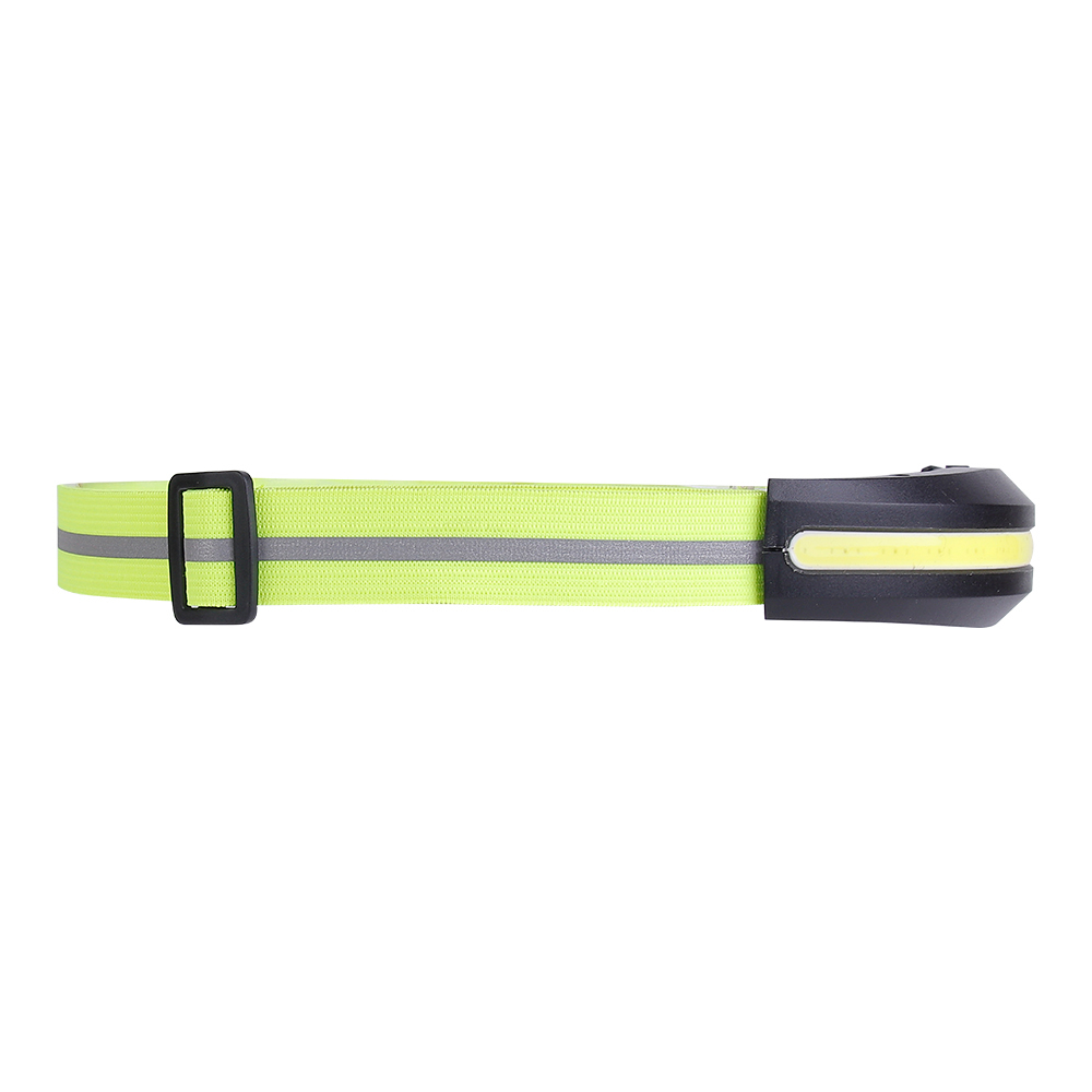 Studio side profile view focusing on the long lime green headband with its gray reflective strip and a black plastic slider adjustment buckle.