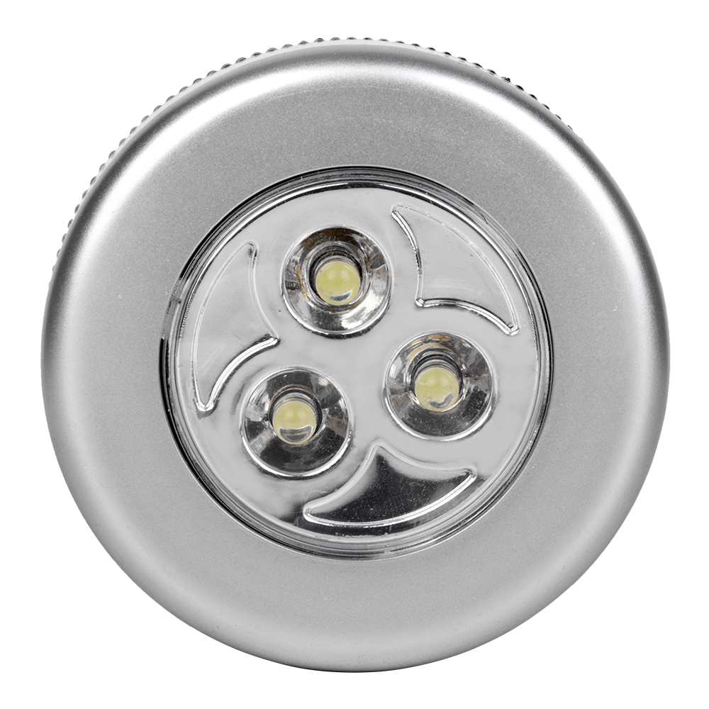 Studio front view of a silver round wireless puck light featuring three integrated LEDs in a circular reflective center.