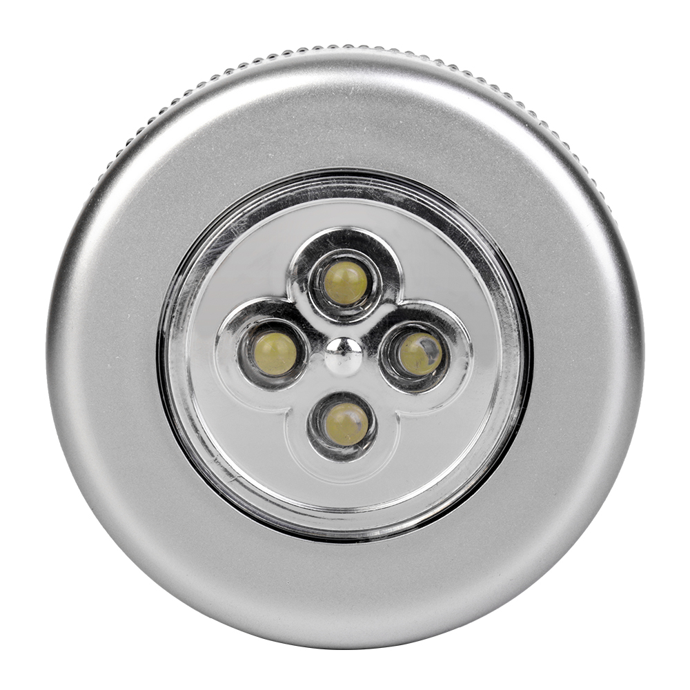 Studio front view of a silver round wireless closet light featuring four integrated LEDs arranged inside a circular lens.
