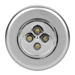 Studio front view of a silver round wireless closet light featuring four integrated LEDs arranged inside a circular lens.