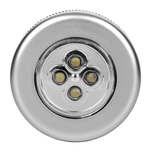 Studio front view of a silver round wireless closet light featuring four integrated LEDs arranged inside a circular lens.