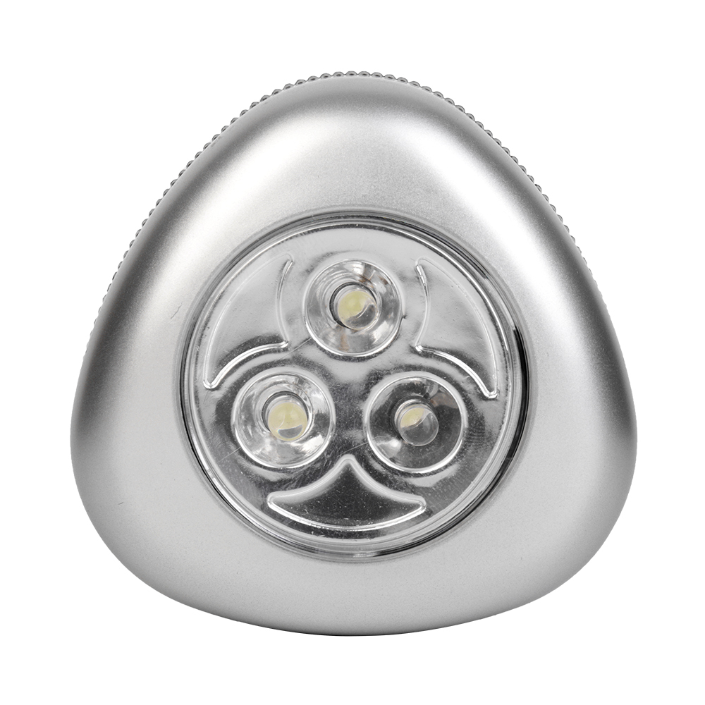 Studio front view of a silver triangular wireless closet light featuring three integrated LEDs arranged inside a circular lens.