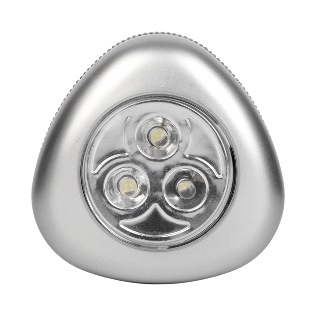 Studio front view of a silver triangular wireless closet light featuring three integrated LEDs arranged inside a circular lens.