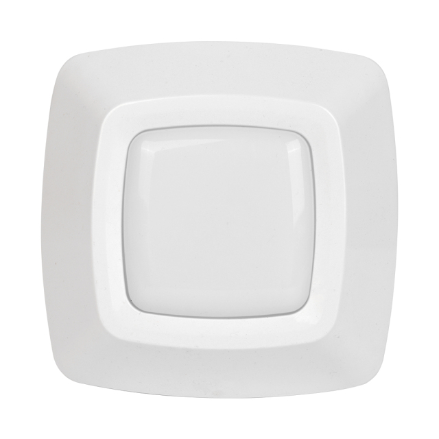 Studio front view of the square white LED cabinet light on a white background, highlighting its clean rounded corners and center translucent diffuser panel.