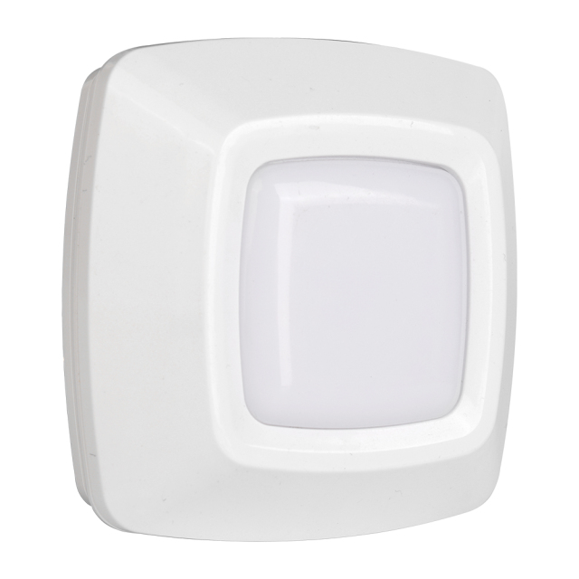 Studio side perspective view of the surface-mounted LED cabinet light, emphasizing its slim profile and durable ABS casing.
