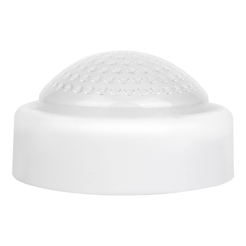 Studio side profile view of the white round dome LED light on a white background, demonstrating the height of the clear dome lens and the casing.