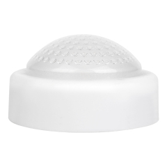 Studio side profile view of the white round dome LED light on a white background, demonstrating the height of the clear dome lens and the casing.