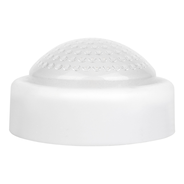 Studio side profile view of the white round dome LED light on a white background, demonstrating the height of the clear dome lens and the casing.