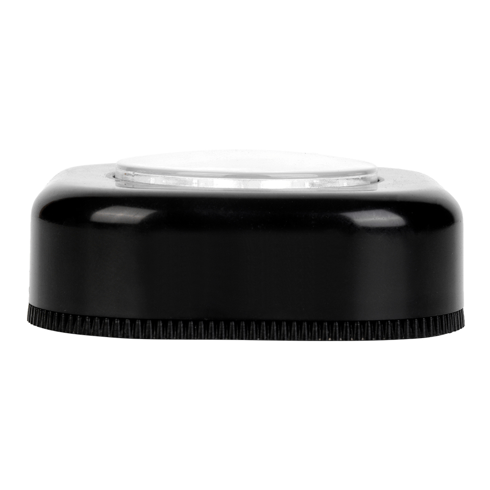 Studio side profile view of the black rounded-square LED cabinet light on a white background, demonstrating the thickness of the plastic casing.
