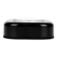 Studio side profile view of the black rounded-square LED cabinet light on a white background, demonstrating the thickness of the plastic casing.
