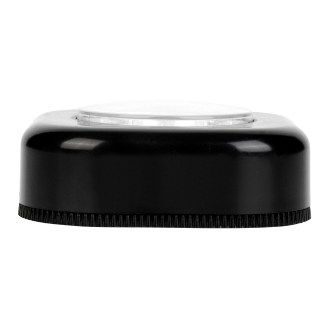 Studio side profile view of the black rounded-square LED cabinet light on a white background, demonstrating the thickness of the plastic casing.