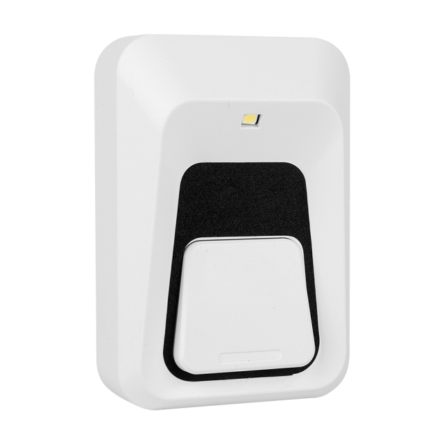 Studio three-quarter angled view of the white surface-mount LED rocker switch light, showcasing the contoured modern design of its durable plastic casing.