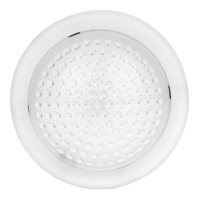Studio front view of a white round wireless cabinet light with a textured clear dome lens and a white outer frame.