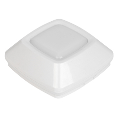 Studio three-quarter angled view of the white square wireless puck light, showcasing its modern low-profile shape and tapered outer frame design.