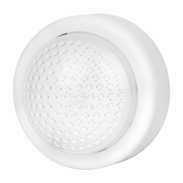Studio angled view of the white round wireless dome LED puck light, showcasing the textured surface of the circular translucent cover.