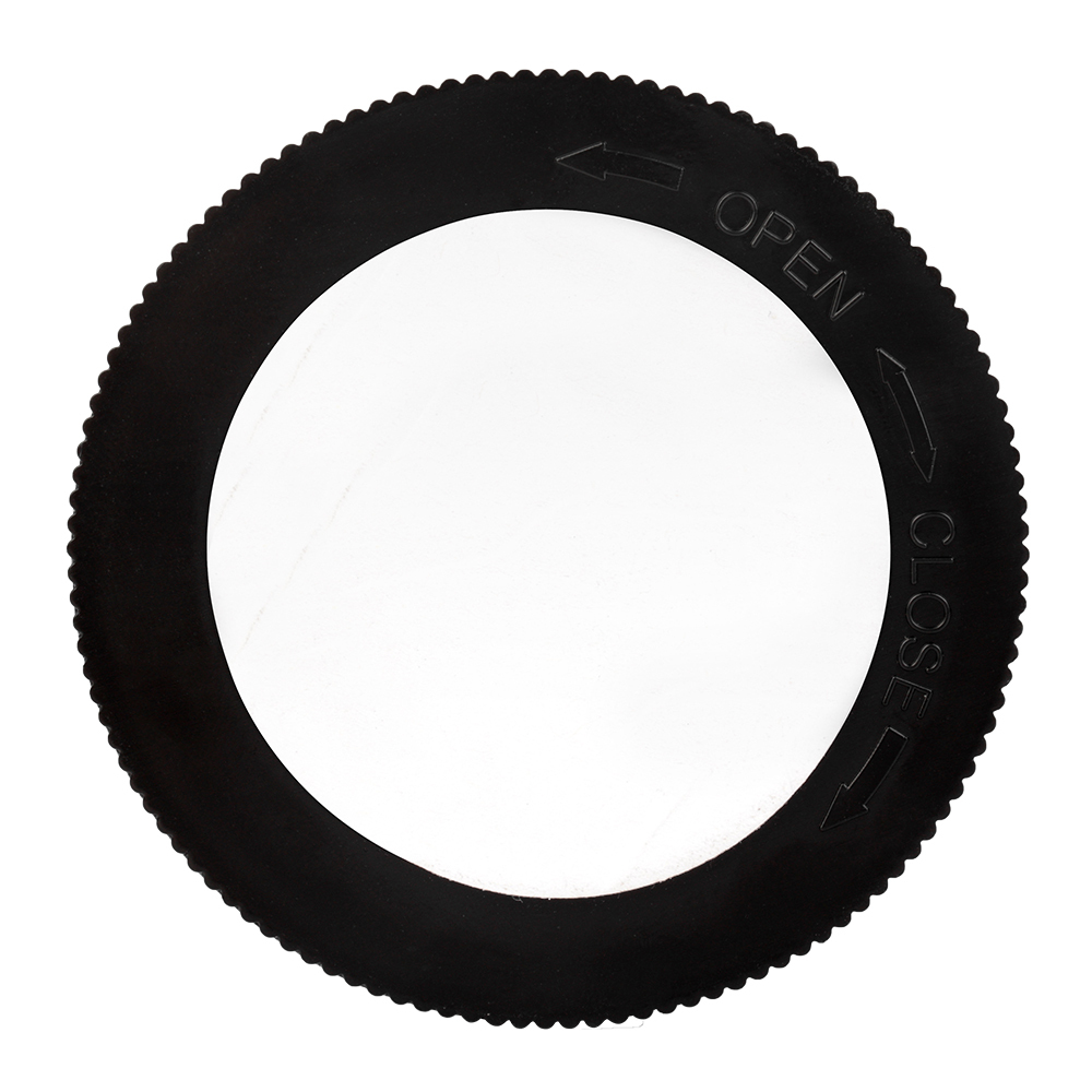 Studio view of the circular black back cover of the cabinet light, showing the open and close markings for twisting the base.