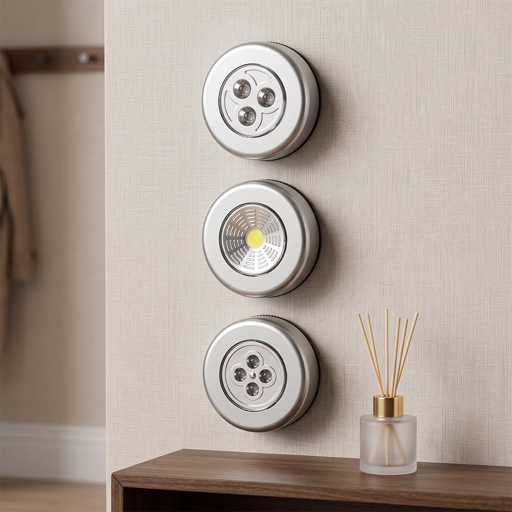 Three silver round wireless LED cabinet lights mounted vertically on a light-colored wall above a wooden table with an aroma diffuser.