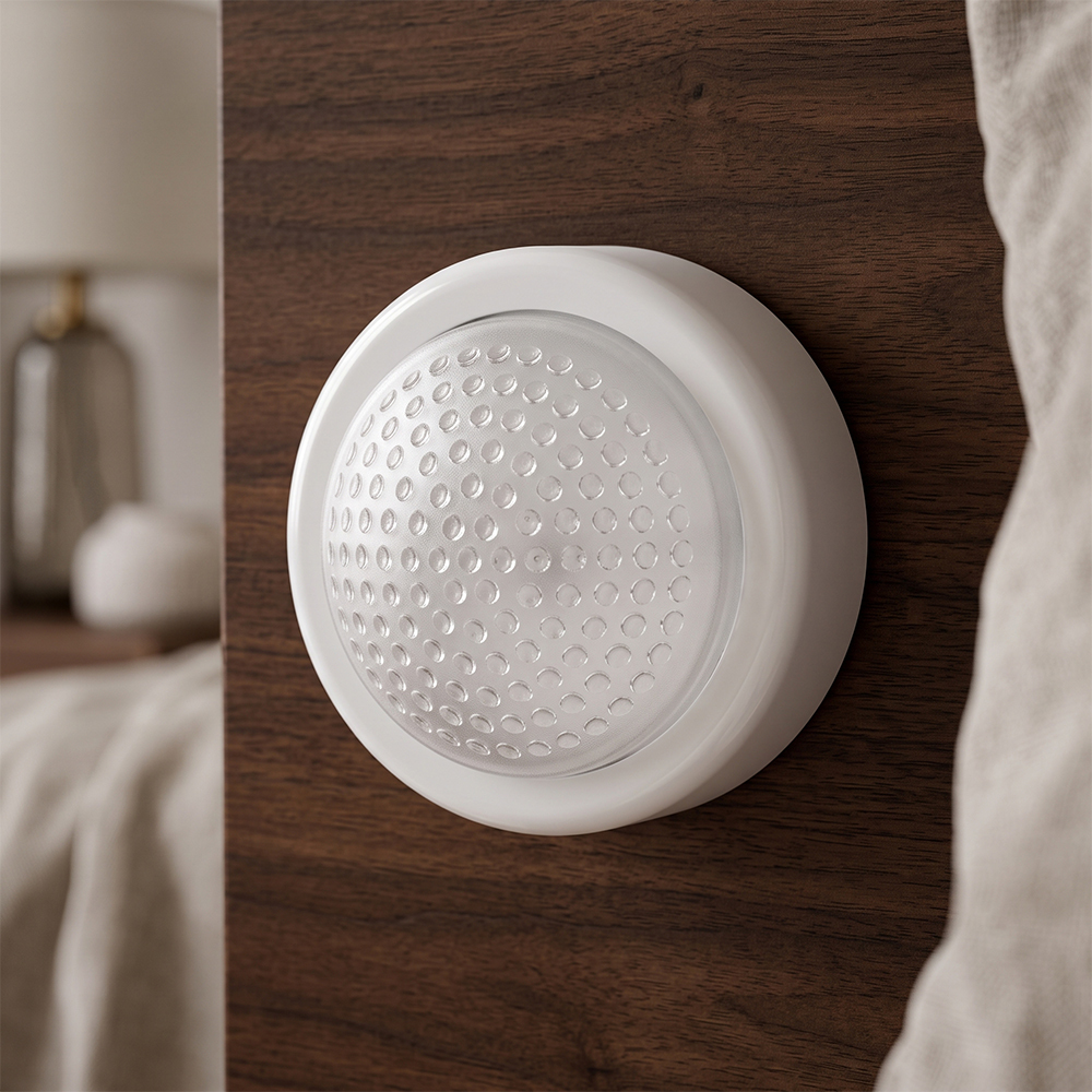 A white round wireless LED dome light mounted vertically on a dark brown wooden panel next to a bed.