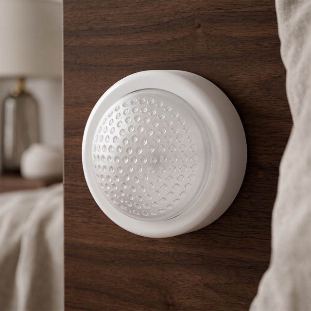 A white round wireless LED dome light mounted vertically on a dark brown wooden panel next to a bed.