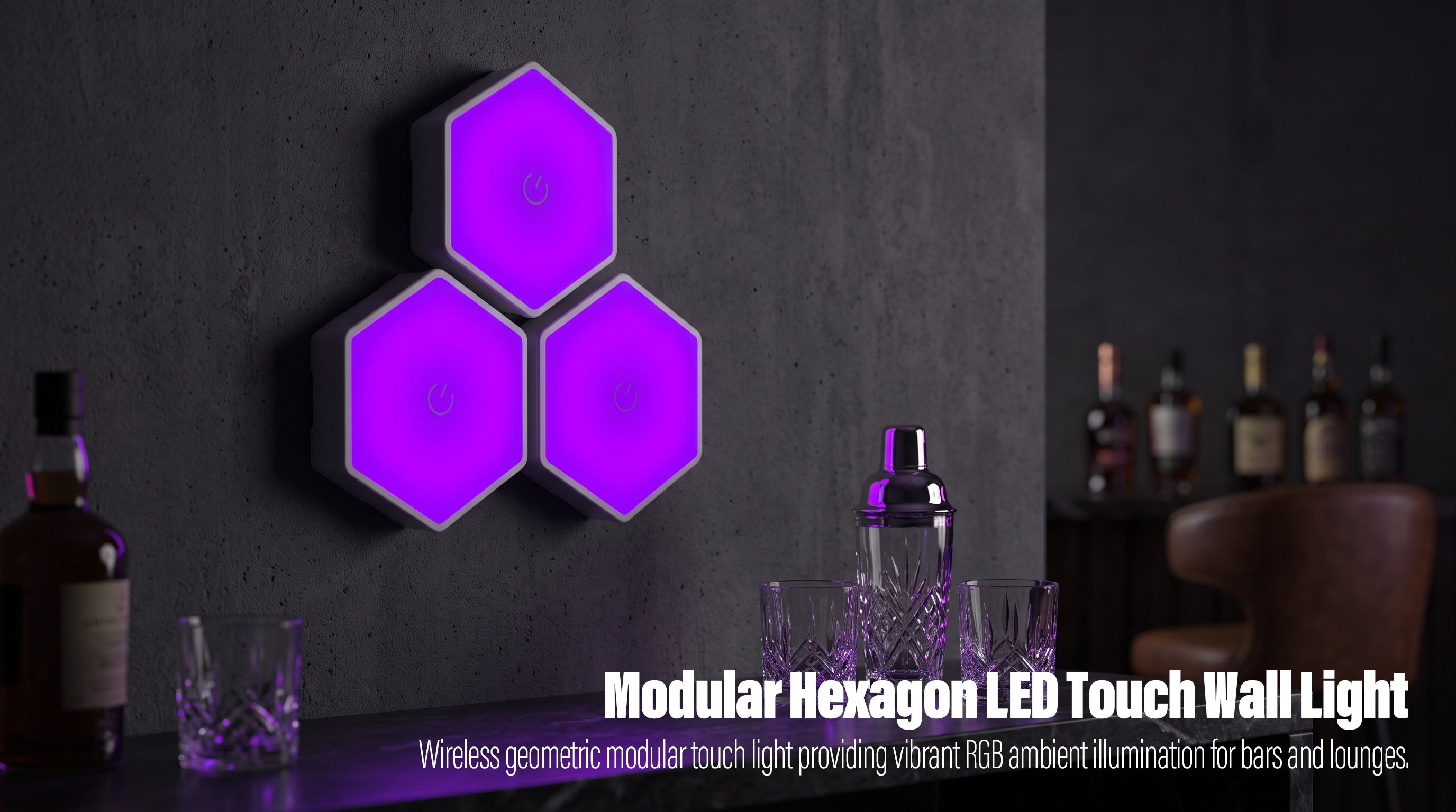 Three illuminated white hexagonal modular LED touch lights mounted on a dark textured wall, glowing with purple ambient light above a bar counter with crystal glasses and a cocktail shaker.