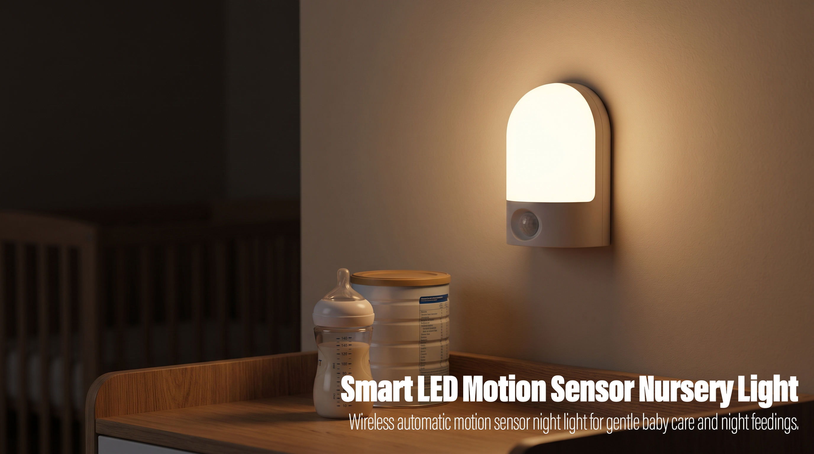 An illuminated white arched LED motion sensor night light mounted on a wall, casting a soft warm glow over a baby bottle and a formula can on a wooden changing table in a nursery.