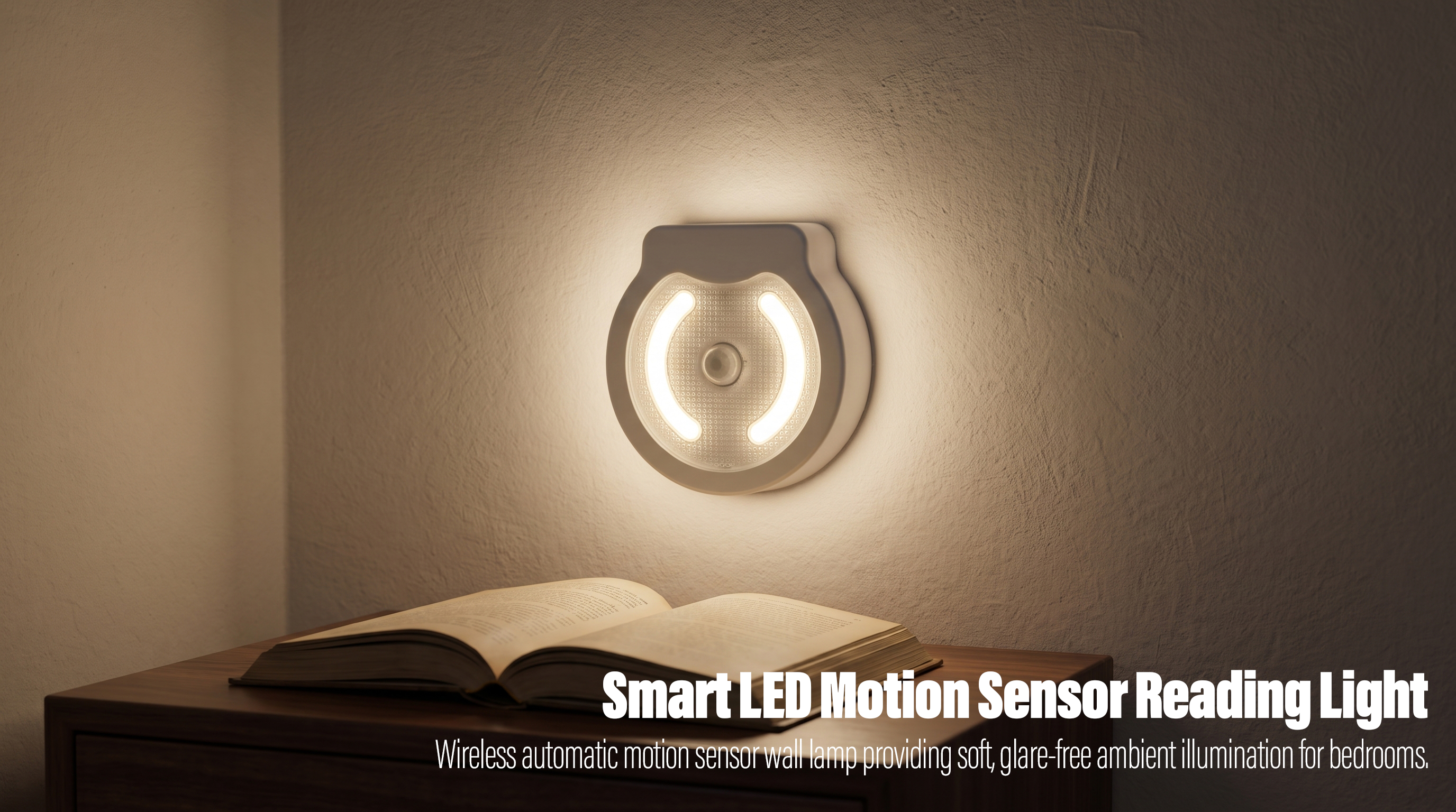 An illuminated white circular LED motion sensor night light mounted on a wall, casting a soft warm ambient glow over an open book resting on a wooden nightstand in a cozy bedroom setting.