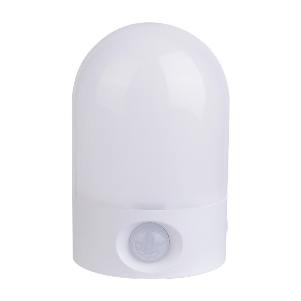 Studio front view of the white arched wireless LED night light, showing the frosted dome cover and the circular PIR motion sensor at the bottom.