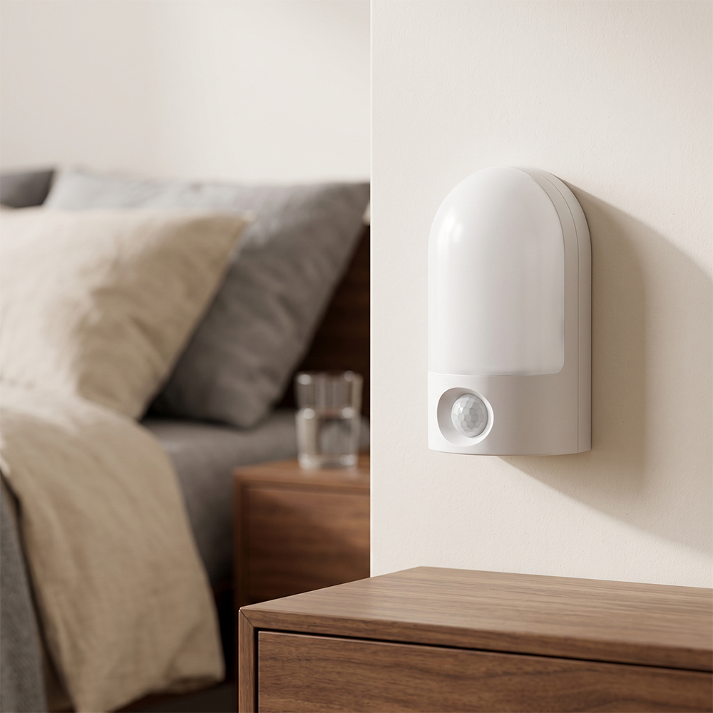 Studio view of an illuminated white arched LED night light mounted on a wall in a bedroom setting, located near a bed and a wooden nightstand.