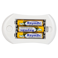 Studio view of the open internal battery compartment on the back of the curved night light, showing three AAA batteries installed horizontally in a row.