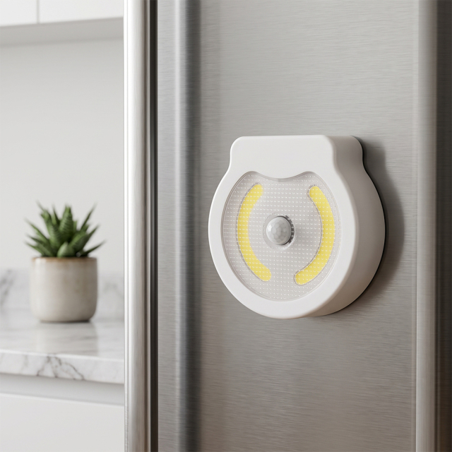 Studio view of a white circular dual COB LED night light magnetically attached to the side of a stainless steel refrigerator, located near a kitchen countertop.