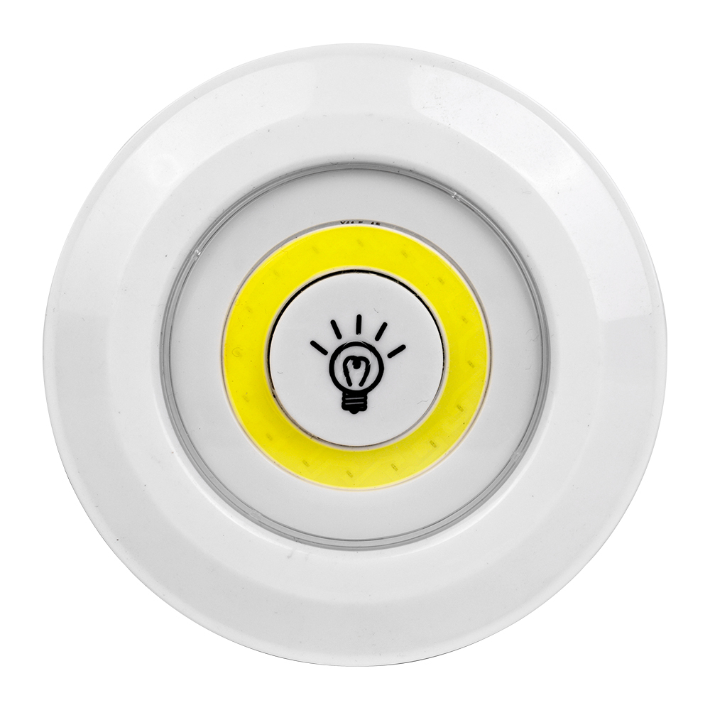 Studio straight front view of the circular LED puck light, featuring a yellow COB light ring surrounding a central white push button with a light bulb icon.