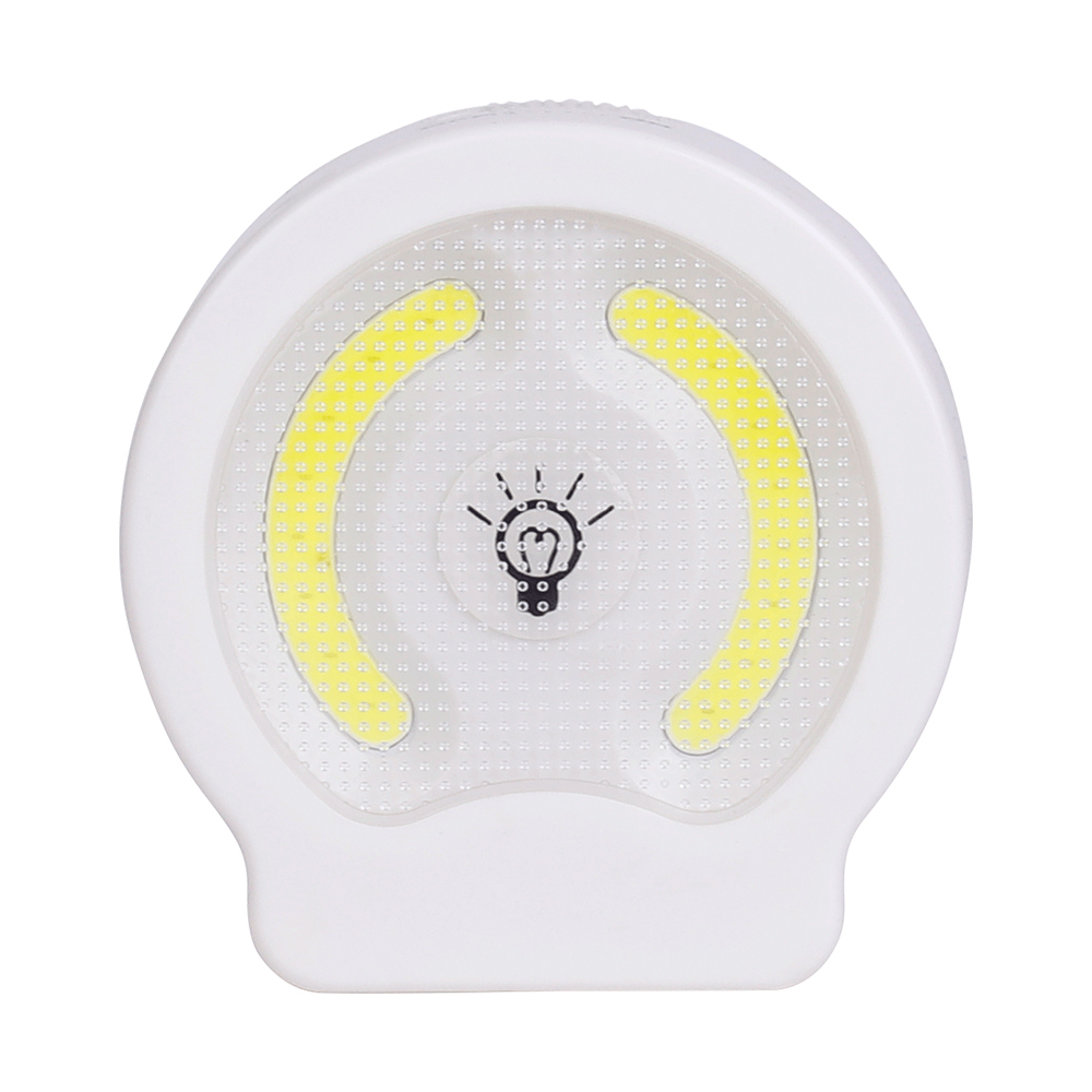 Studio front view of the circular dual COB LED wall light, featuring a central push button switch with a light bulb icon between two curved COB panels.