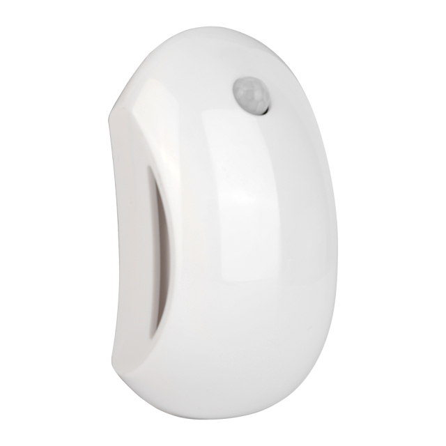 Studio angled front view of the white curved wireless LED sensor night light, showcasing its contoured ergonomic outer casing.