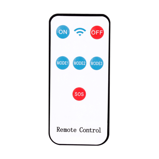 Studio front view of a white rectangular wireless remote controller, featuring dedicated buttons labeled ON, OFF, MODE1, MODE2, MODE3, and SOS.