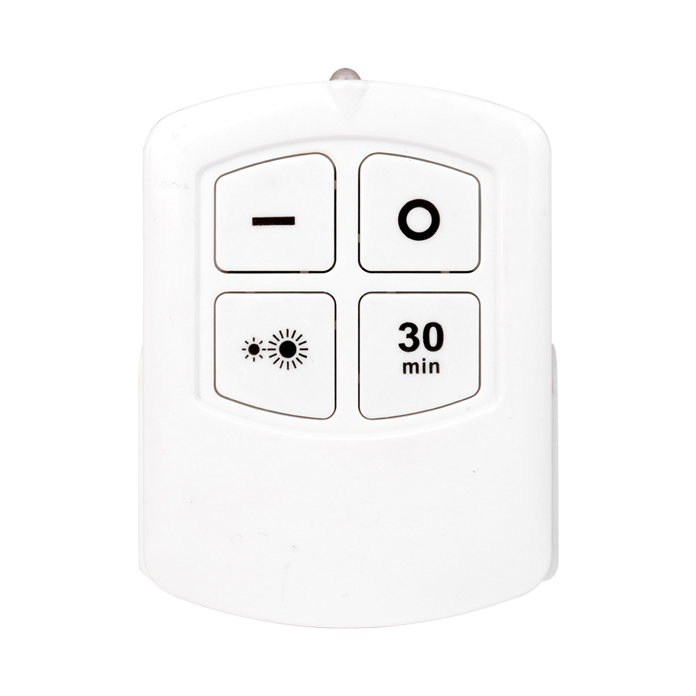 Studio front view of a white rectangular wireless remote controller, featuring four tactile buttons labeled with icons for power, dimming, and a 30-minute timer.