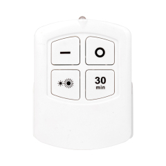 Studio front view of a white rectangular wireless remote controller, featuring four tactile buttons labeled with icons for power, dimming, and a 30-minute timer.