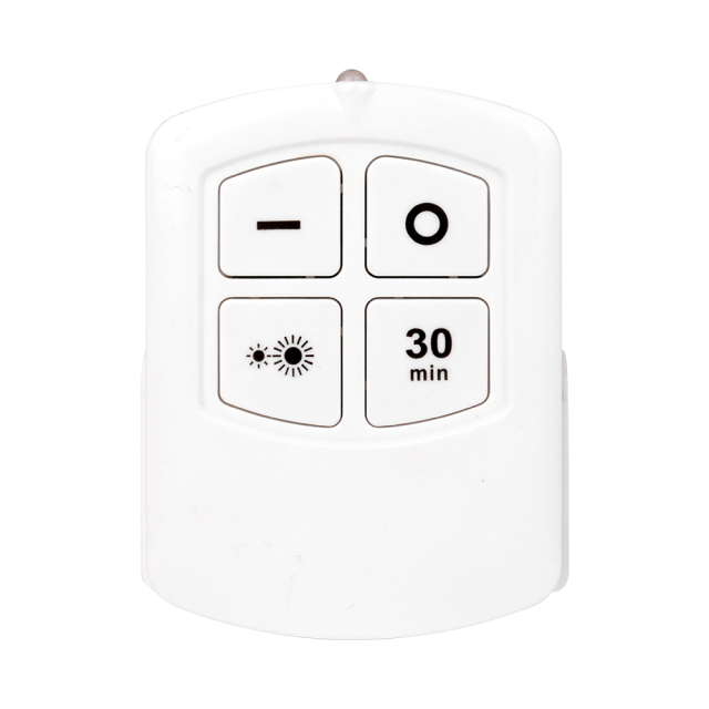 Studio front view of a white rectangular wireless remote controller, featuring four tactile buttons labeled with icons for power, dimming, and a 30-minute timer.